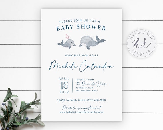 Baby Whale Watercolor Baby Shower Invitation, Nautical Baby Shower Invite, Mama and Baby Ocean Animals