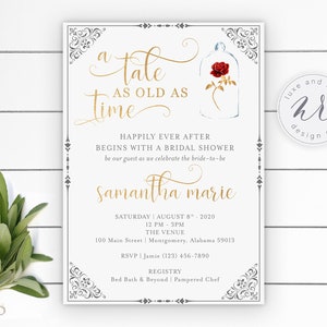 A Tale As Old As Time Bridal Shower Invitation, Enchanted Rose, DIY, Gold, Digital File, Customizable