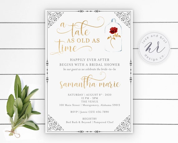 A Tale As Old As Time Bridal Shower Invitation, Enchanted Rose, DIY, Gold, Digital File, Customizable