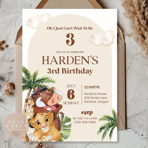 Invitation à une fête d'anniversaire Oh j'ai hâte d'avoir trois ans, premier anniversaire du roi Lion, modifier vous-même à Corjl