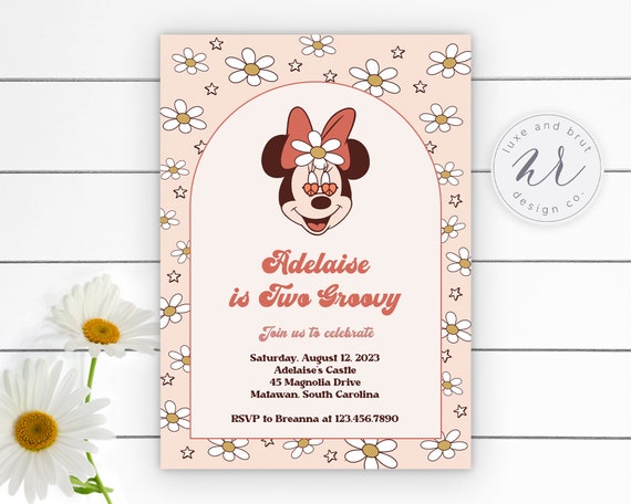 Two Groovy Minnie Mouse Birthday Party Invitation, Daises, Hippie, Boho, Edit Yourself in Corjl, Instant Download