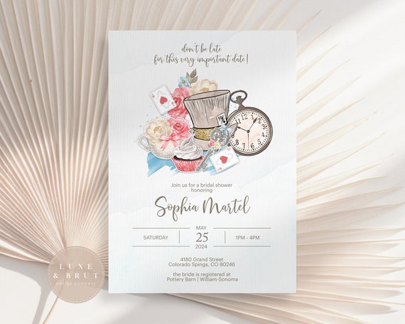 Alice In Wonderland Bridal Shower Invitation, Mad Hatter, Don't Be Late, Edit Yourself in Corjl