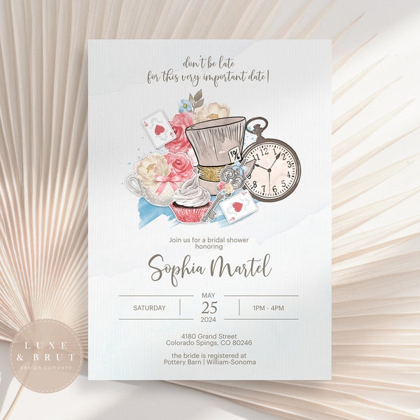 Alice In Wonderland Bridal Shower Invitation, Mad Hatter, Don't Be Late, Edit Yourself in Corjl