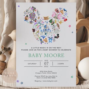 Mickey Baby Shower Invitation, Never Grow Up Watercolor, Magic Kingdom, Editable Template