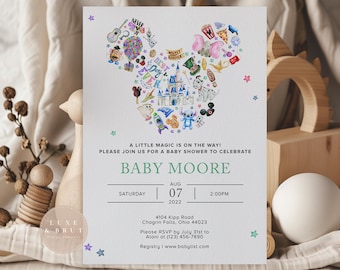 Puede incluir: Una invitación de baby shower azul claro y verde con una silueta de Mickey Mouse llena de personajes de Disney y el texto "A little magic is on the way! Please join us for a baby shower to celebrate Baby Moore. Saturday, Aug 07, 2022, 2:00PM. 4104 Kipp Road, Chagrin Falls, Ohio 44023. Please RSVP by 31 de julio a Alani al (123) 456-7890. Registry | www.babylist.com"