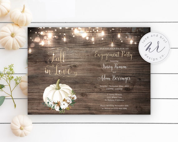 Rustic Pumpkin 'Fall In Love' Engagement Party Invitation, Edison Bulb Lights, String Lights, Wood Texture, Digital File, Printable