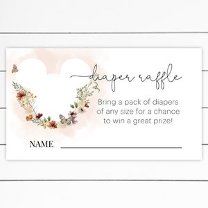 May include: A white card with a watercolor floral design and the text "diaper raffle". The text below reads "Bring a pack of diapers of any size for a chance to win a great prize!" There is a blank line for a name.