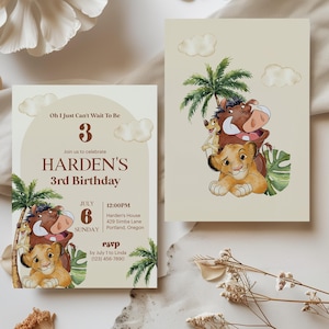 May include: A beige invitation card with a brown border. The card features a cartoon illustration of Simba, Pumbaa, and Timon from the Lion King movie. The text on the card reads "Oh I Just Can't Wait To Be 3 Join us to celebrate HARDEN'S 3rd Birthday JULY 6 SUNDAY 12:00PM Harden's House 429 Simba Lane Portland, Oregon rsvp by July 1 to Linda (123) 456-7890".