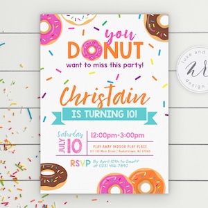 Dunkin&#39; Donut Birthday Party Invitation, You Donut Want to Miss This, Watercolor, Doughnut Birthday, Kids Birthday, Customizable, DIY