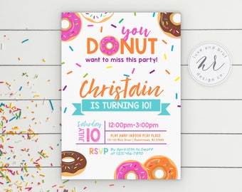 Dunkin' Donut Birthday Party Invitation, You Donut Want to Miss This, Watercolor, Doughnut Birthday, Kids Birthday, Customizable, DIY