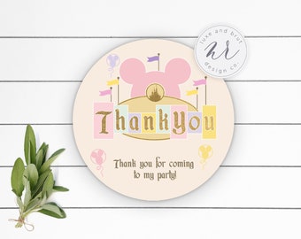 Magical Birthday Party Matching Thank You Tags or Stickers, Circle, Disneyland, Instant Download, Edit Yourself