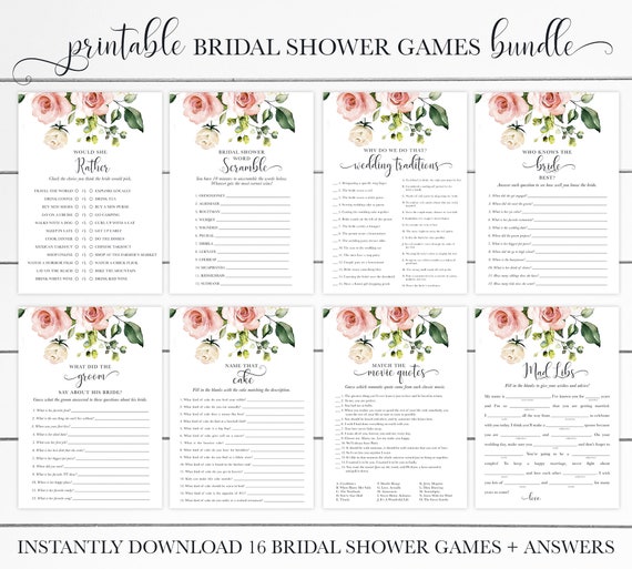 Watercolor Rose Floral Bridal Shower Bundle, Mad Libs, Bingo, Movie Quotes and More, INSTANT DOWNLOAD