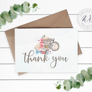 Carte de remerciement assortie Alice au pays des merveilles, verdure et fleurs de magnolia, modifiable, téléchargement immédiat, modifiez vous-même avec Corjl