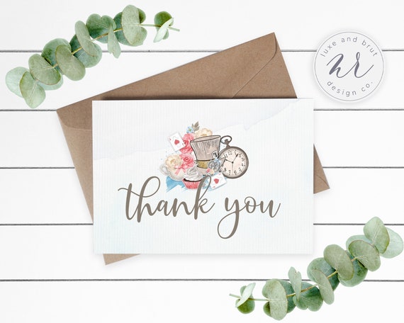 Alice In Wonderland Matching Thank You Card, Greenery and Magnolia Flowers, Editable, Instant Download, Edit Yourself with Corjl