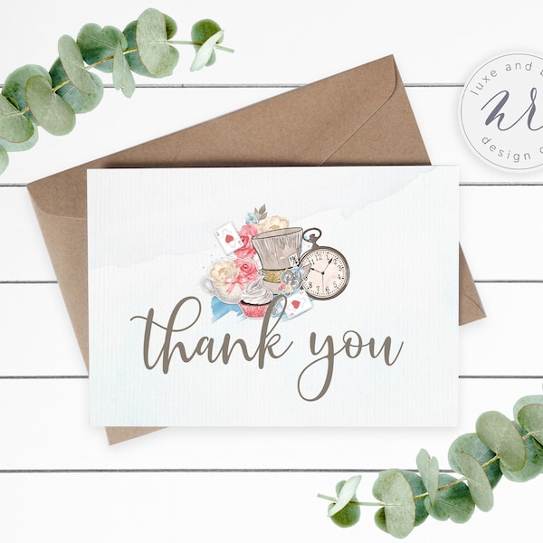 Alice In Wonderland Matching Thank You Card, Greenery and Magnolia Flowers, Editable, Instant Download, Edit Yourself with Corjl