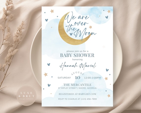 We Are Over the Moon Mickey Stars Baby Shower Invitation, Watercolor Clouds, Instant Download, Edit Yourself with Corjl