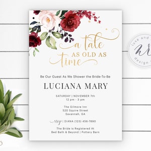 Beauty and the Beast &#39;A Tale As Old As Time&#39; Bridal Shower Invitation, Editable File