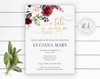 Beauty and the Beast 'A Tale As Old As Time' Bridal Shower Invitation, Editable File
