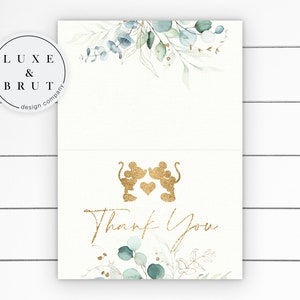 Mickey & Minnie Love Bridal Shower Thank You Card, Faux Gold Foil and Greenery, Boho, Edit Yourself in Corjl