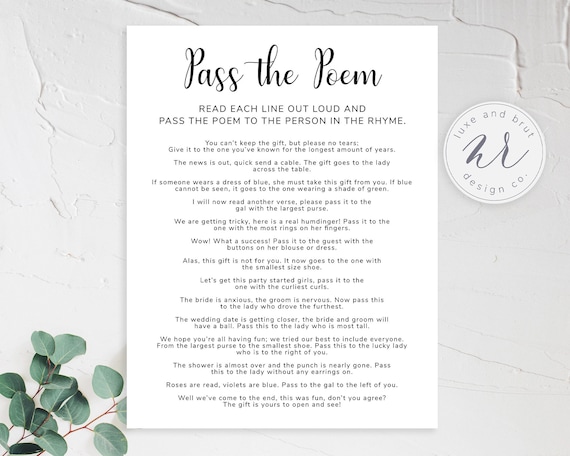 Pass the Poem, Bridal Shower Game, Bridal Shower DIY