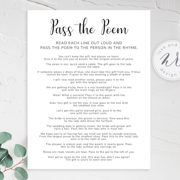 Pass the Poem, Bridal Shower Game, Bridal Shower DIY