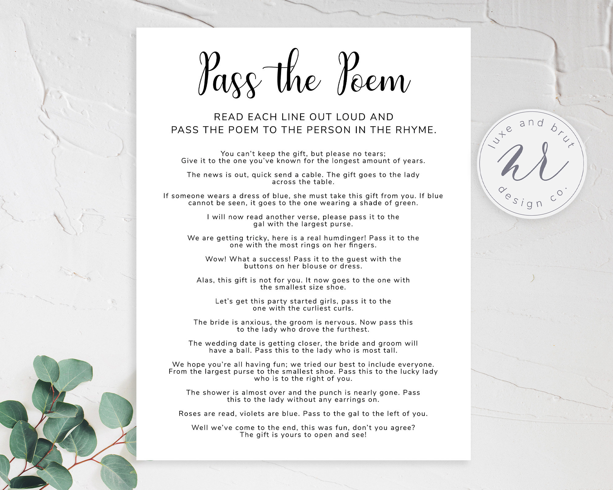 Pass the gift game bridal shower activity instant download printable
