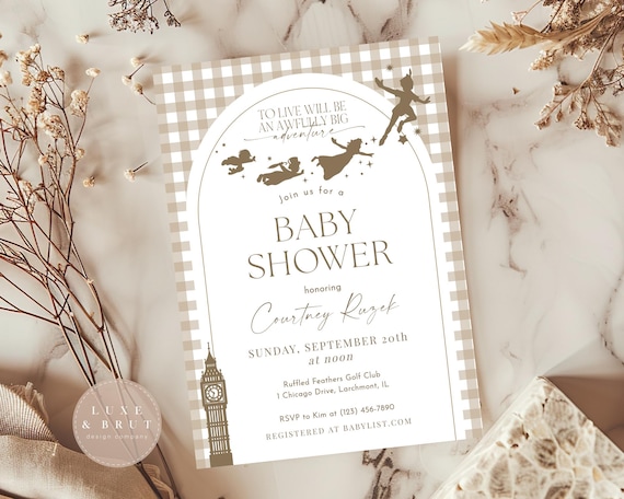 Neutral Neverland Baby Shower Invitation, Peter Pan Boho Checkered Invite, Edit Yourself in Corjl