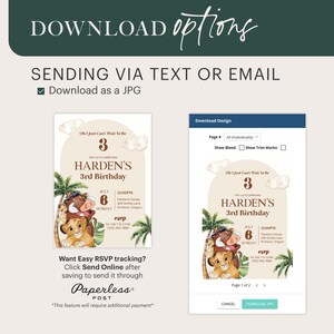 May include: A digital download for a 3rd birthday invitation featuring a jungle theme with a lion and a warthog. The invitation says "Oh I Just Can't Wait To Be 3" and "Join us to celebrate HARDEN'S 3rd Birthday".
