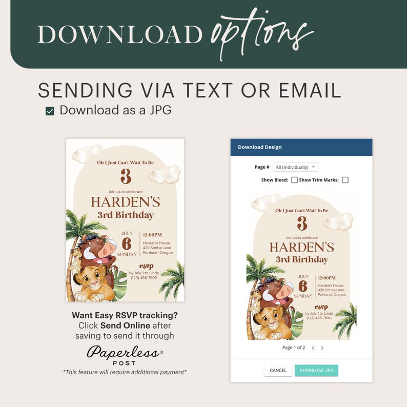 May include: A digital download for a 3rd birthday invitation featuring a jungle theme with a lion and a warthog. The invitation says "Oh I Just Can't Wait To Be 3" and "Join us to celebrate HARDEN'S 3rd Birthday".