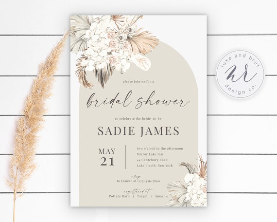 Boho Bridal Shower Invitation with Pampas Grass, Gold Leaves and Flowers, Digital Download