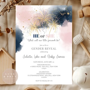 Firework Gender Reveal Invitation: Editable DIY Template (Corjl)