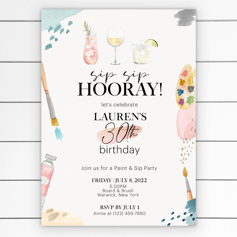 Sip Sip Hooray Paint and Sip Birthday Party Invitation 21st Etsy