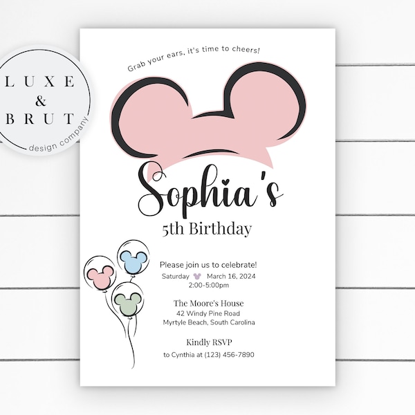 Grab Your Ears, It's Time to Cheers, Mickey Birthday Party Invitation, Instant Download, Edit Yourself with Corjl