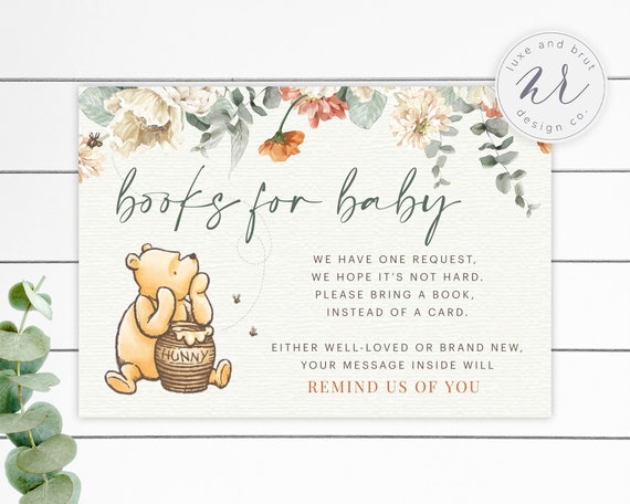 Winnie the Pooh Baby Shower Matching Books for Baby Insert Card, Greenery and Magnolia Flowers, Instant Download, Edit Yourself with Corjl