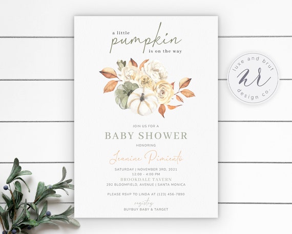 A Little Pumpkin Is On The Way, Baby Shower Invitation, Watercolor White Pumpkins, Greenery, Boho, DIY, 2021