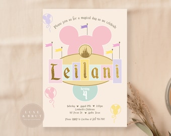 Faire-part d'anniversaire magique, Disneyland Girl, couleurs pastel, WDW, classique, bricolage, téléchargement numérique
