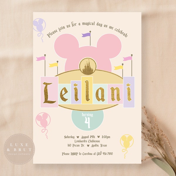 Magical Birthday Party Invitation, Disneyland Girl, Pastel Colors, WDW, Classic, DIY, Digital Download