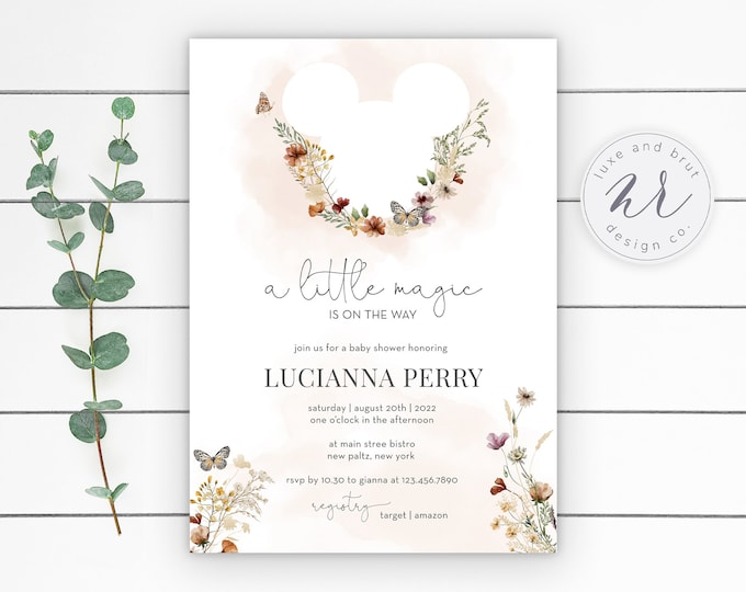 A Little Magic Is On The Way Floral Butterfly Baby Shower Invitation, Editable File, Instant Download