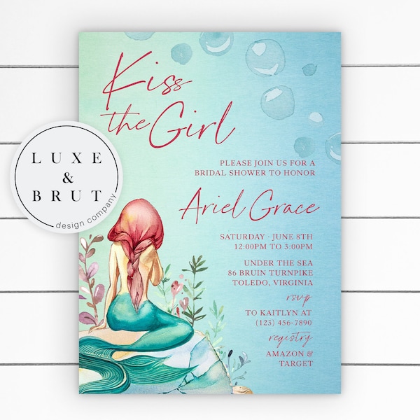 Kiss The Girl Bridal Shower Invitation, Little Mermaid, Edit Yourself in Corjl