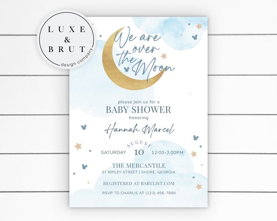 We Are Over the Moon Mickey Stars Baby Shower Invitation, Watercolor Clouds, Instant Download, Edit Yourself with Corjl