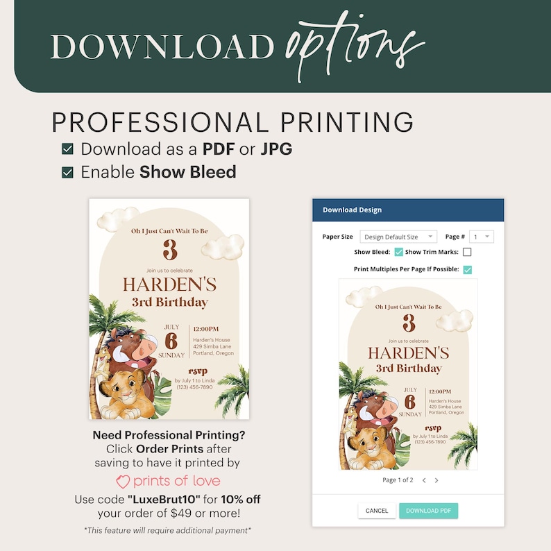 May include: A printable invitation for a 3rd birthday party featuring a cartoon lion and a warthog. The invitation is designed in a jungle theme with green leaves and a brown background. The text on the invitation reads "Oh I Just Can't Wait To Be 3" and "Harden's 3rd Birthday".