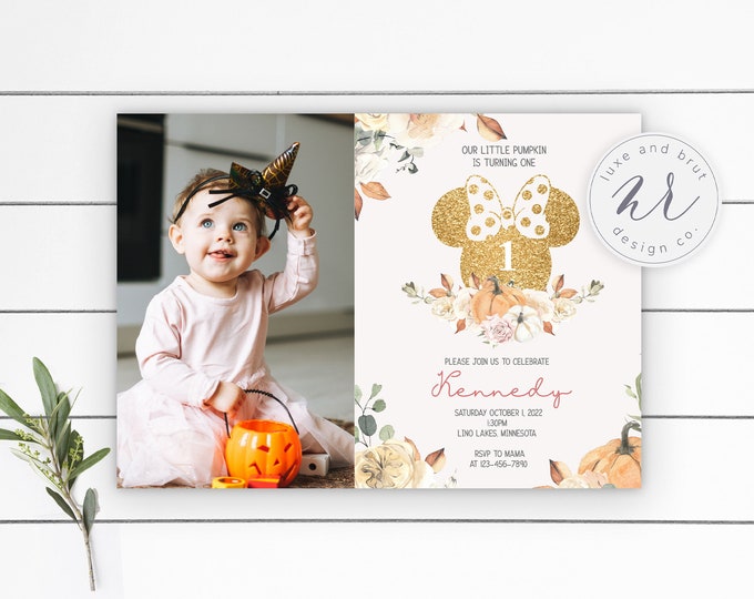 Our Little Minnie Pumpkin Birthday Party Invitation, Edit Yourself in Corjl, Instant Download, DIY, Fall, Halloween