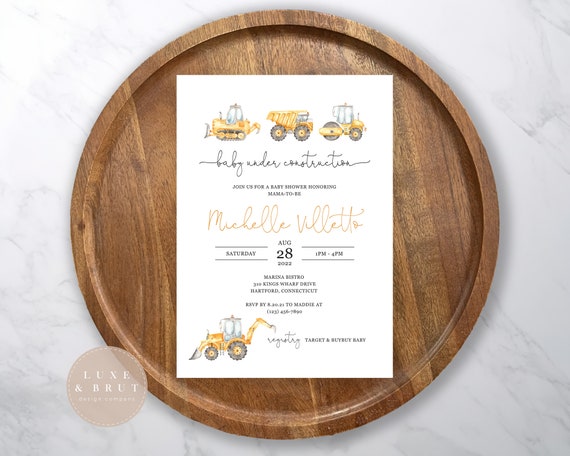Baby Under Construction Baby Shower Invitation, Watercolor Construction Trucks, Boy, Customizable, Instant Download, Edit Yourself