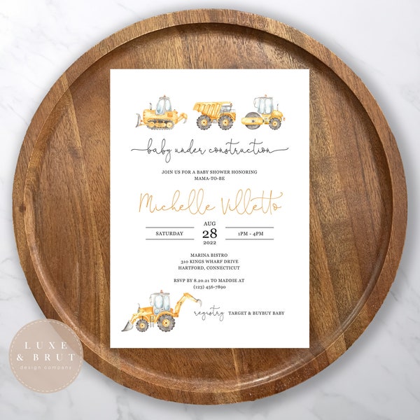 Baby Under Construction Baby Shower Invitation, Watercolor Construction Trucks, Boy, Customizable, Instant Download, Edit Yourself