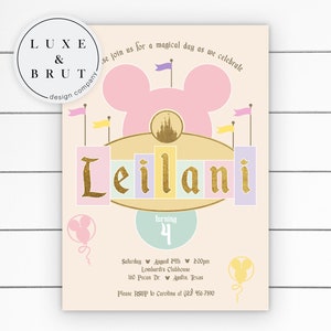 Magical Birthday Party Invitation, Disneyland Girl, Pastel Colors, WDW, Classic, DIY, Digital Download