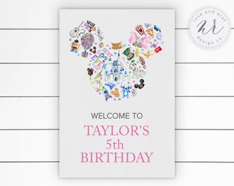 Never Grow Up Mickey Watercolor Welcome Sign, Edit Yourself, Instant Download