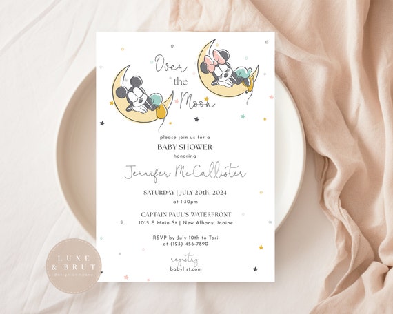 Over the Moon Mickey and Minnie Baby Shower Invitation, Watercolor Sprinkles, Instant Download, Edit Yourself with Corjl