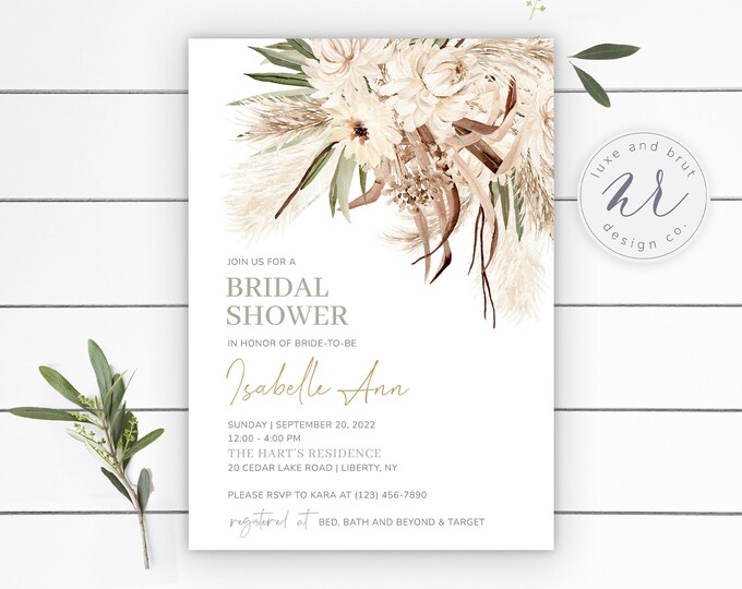 Boho Shabby Chic Bridal Shower Invitation, Natural Ivory Bridal Brunch, Muted Flowers and Greenery, Wedding