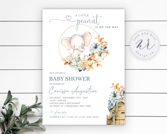 A Little Peanut Is On The Way, Baby Shower Invitation, Elephant, Pumpkins, Fall, Baby Boy, Gender Neutral, DIY, 2021