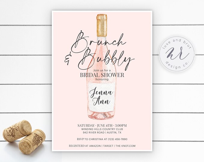 Brunch and Bubbly Blush Bridal Shower Invitation, Pink Champagne, Rosé, Watercolor, DIY, Digital Download